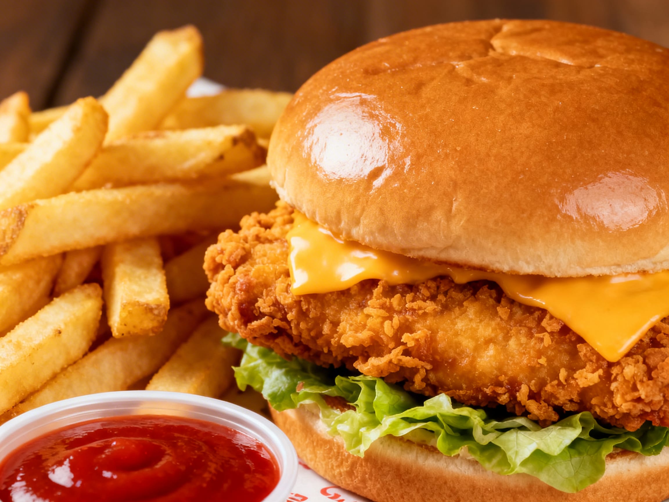 a Dave's Hot Chicken sandwich with fries and sauce